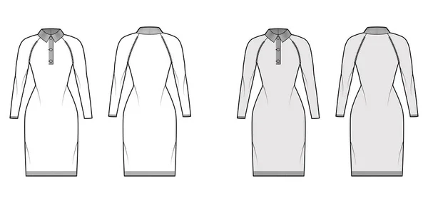 Платье Поло Свитер техническая мода иллюстрация с Хенли шея, классический воротник, длинные рукава реглан, длина колена — стоковый вектор
