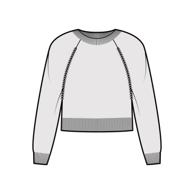 Tayfa boyunlu süveter uzun paçavra kollu, rahat formda, bel uzunluğunda, kaburga bukleli, teknik moda illüstrasyonunu kesti.