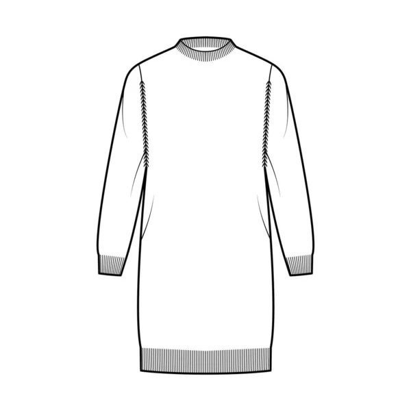 Vestido Fisherman Sweater ilustración técnica de moda con cuello redondo, cuerpo de gran tamaño, longitud de rodilla, ajuste de punto. Plano — Vector de stock