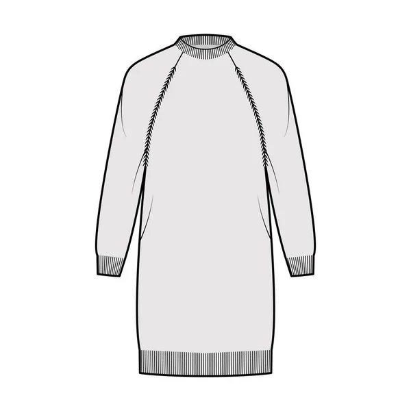 Fischerkleid Pullover technische Mode Illustration mit Crewneck, lange Raglanärmel, Hüftlänge, Strickbesatz. Flach — Stockvektor