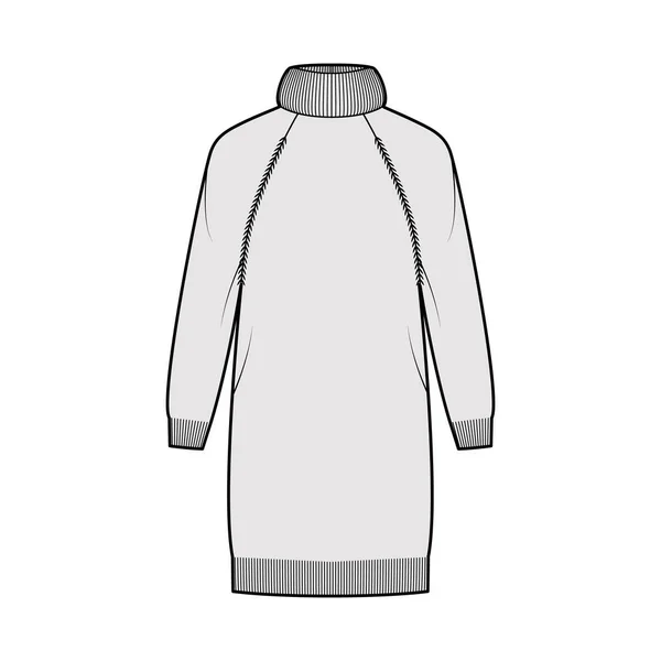 Tröja klänning Överdriven Turtleneck teknisk mode illustration med långa raglan ärmar, slappna av passform, knälängd — Stock vektor