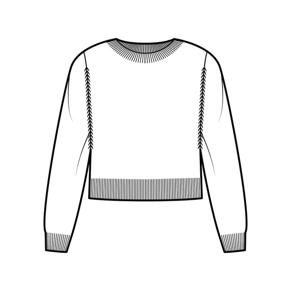 Rundhalsausschnitt Pullover technische Mode Illustration mit langen Ärmeln, entspannte Passform, Taillenlänge, Strickrippenbesatz. Flach — Stockvektor