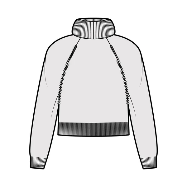 Cropped Sweater overdreven coltrui technische mode illustratie met lange raglan mouwen, ontspannen pasvorm, taille lengte — Stockvector