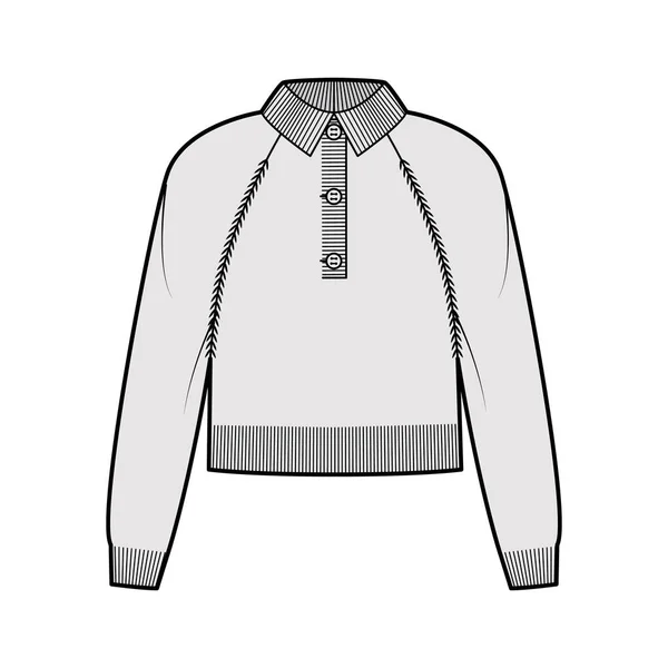 Cropped Polo Sweater ilustración técnica de moda con cuello de henley costilla, cuello clásico, manga larga raglán, longitud de la cadera — Archivo Imágenes Vectoriales