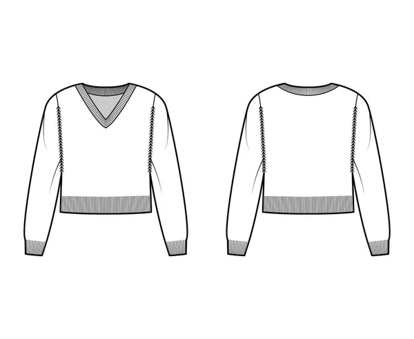 V-λαιμό περικοπή πουλόβερ τεχνική εικόνα μόδας με μακριά μανίκια, χαλαρώστε ταιριάζει, μέση μήκος, rib τελειώματα. Επίπεδη μπλούζα — Διανυσματικό Αρχείο