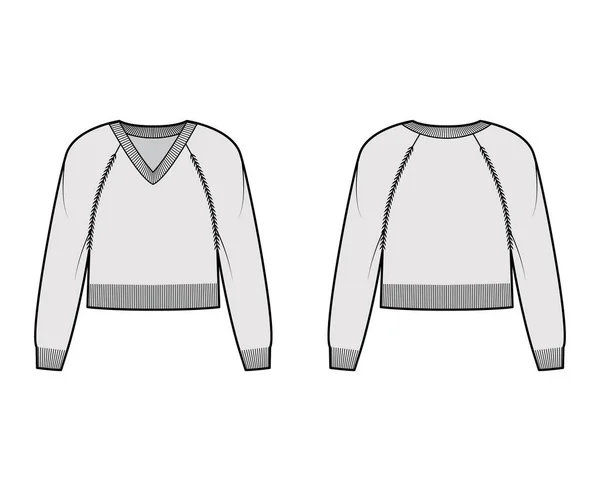 V-Ausschnitt Pullover beschnitten technische Mode Illustration mit langen Raglanärmeln, entspannte Passform, Taillenlänge, Strickrippenbesatz — Stockvektor