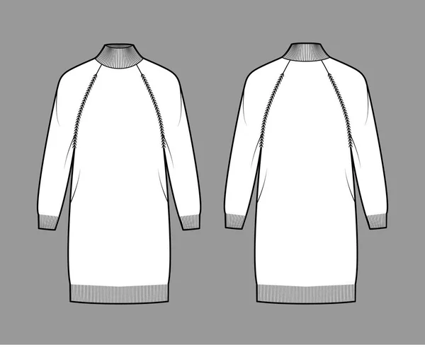 Vestido jersey de cuello alto ilustración técnica de moda con mangas largas raglán, cuerpo de gran tamaño, longitud de rodilla, ajuste de punto — Vector de stock