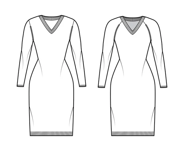 Lot de Robe Col V Pull technique illustration de mode avec manches raglan longues, coupe slim, longueur cuisse, garniture en maille — Image vectorielle