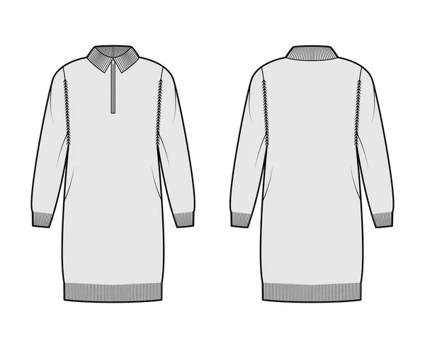 Zip-up vestido camisola técnica moda ilustração com henley pescoço, colarinho clássico, manga longa, oversized, comprimento do quadril — Vetor de Stock