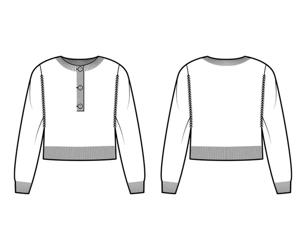 Pullover abgeschnitten Henley Hals technische Mode Illustration mit langen Ärmeln, entspannte Passform, Taillenlänge, Rippenstrickbesatz — Stockvektor