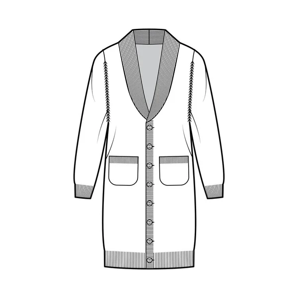 Vestido de cárdigan Cuello de chal Suéter ilustración técnica de moda con mangas largas, cuerpo de gran tamaño, ajuste de punto, cierre — Archivo Imágenes Vectoriales