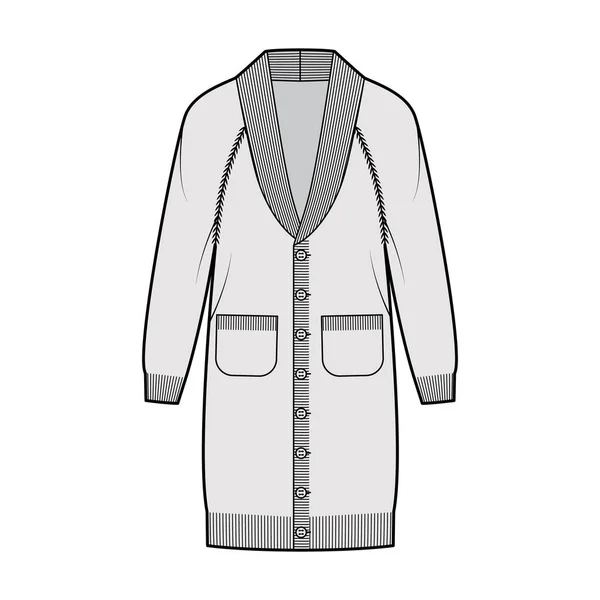 Cardigan dress Shawl collar Sweater technical fashion illustration with long raglan sleeves, oversized body, knit trim — Stock Vector
