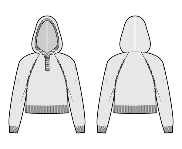 Obcięty sweter z kapturem Ilustracja techniczna moda z żebra henley szyi, długie raglan rękawy, relaks pasuje, długość talii — Wektor stockowy