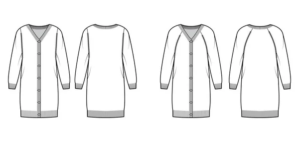 Conjunto de vestido Cardigans Jersey técnica moda ilustración con costilla cuello en V, manga larga raglán, cierre relax fit — Archivo Imágenes Vectoriales