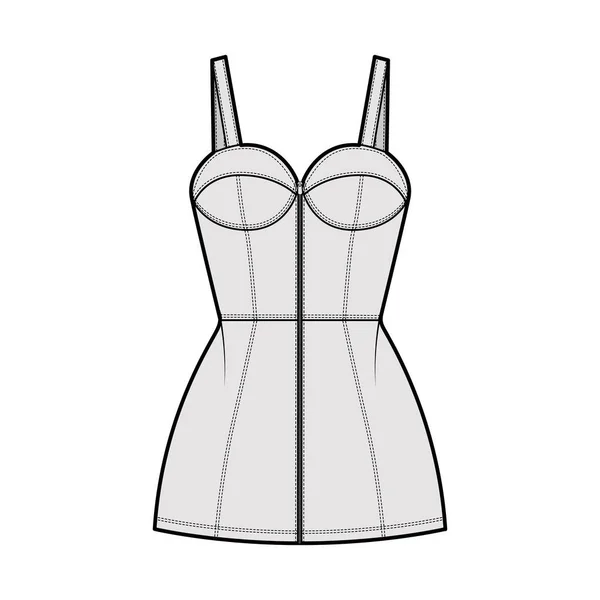 Zip-up vestido de tubo técnico de moda ilustração com bustier, sem mangas, alças de ombro, corpo equipado, mini comprimento —  Vetores de Stock