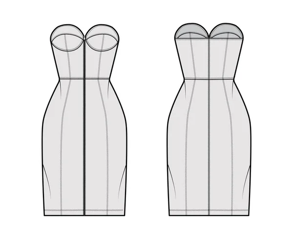 Zip-up vestido de tubo técnico de moda ilustração com bustier, sem mangas, sem alças, corpo equipado, saia de comprimento do joelho. —  Vetores de Stock