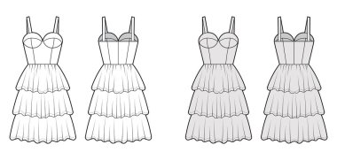 Büstiyer elbise teknik moda illüstrasyonu kolsuz, fincanlar, uygun vücut, 3 sıra dizli etek.