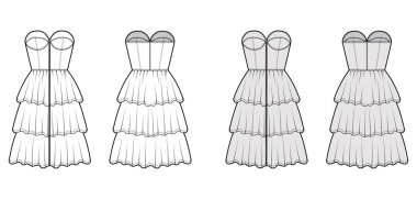 Fermuarlı büstiyer elbise teknik moda illüstrasyonlu, askısız vücut, 3 sıra dizli fırfırlı etek.