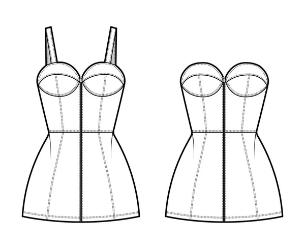 Conjunto de vestidos de mezclilla Zip-up bustier peplum ilustración técnica de la manera con sin mangas, sin tirantes, cuerpo ajustado, mini — Vector de stock