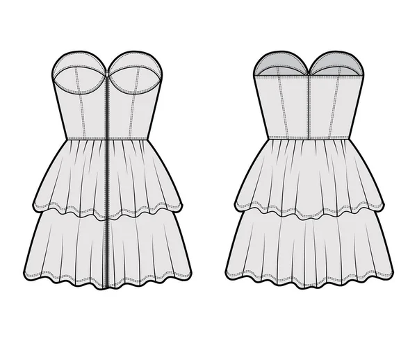 Reißverschluss-Bustierkleid technische Modeillustration mit trägerlosem, tailliertem Körper, zweireihigem Mini-Volant-Stufenrock. — Stockvektor