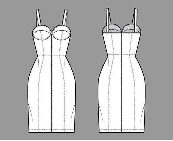 Reißverschlussschlauchkleid technische Modeillustration mit Bustier, ärmellosem, tailliertem Körper, knielangem Rock. Flache Kleidung — Stockvektor