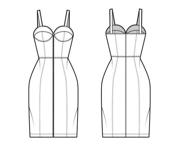 Robe tube zippée illustration de mode technique avec bustier, sans manches, corps ajusté, jupe longueur genou. Vêtement plat — Image vectorielle