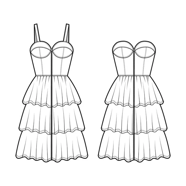 Conjunto de vestidos Zip-up ganga bustier ilustração de moda técnica com mangas, strapless, joelho mini comprimento ruffle — Vetor de Stock