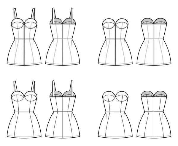 Conjunto de vestidos tubo Zip-up ilustración técnica de moda con bustier, sin mangas, sin tirantes, cuerpo ajustado, mini longitud — Vector de stock