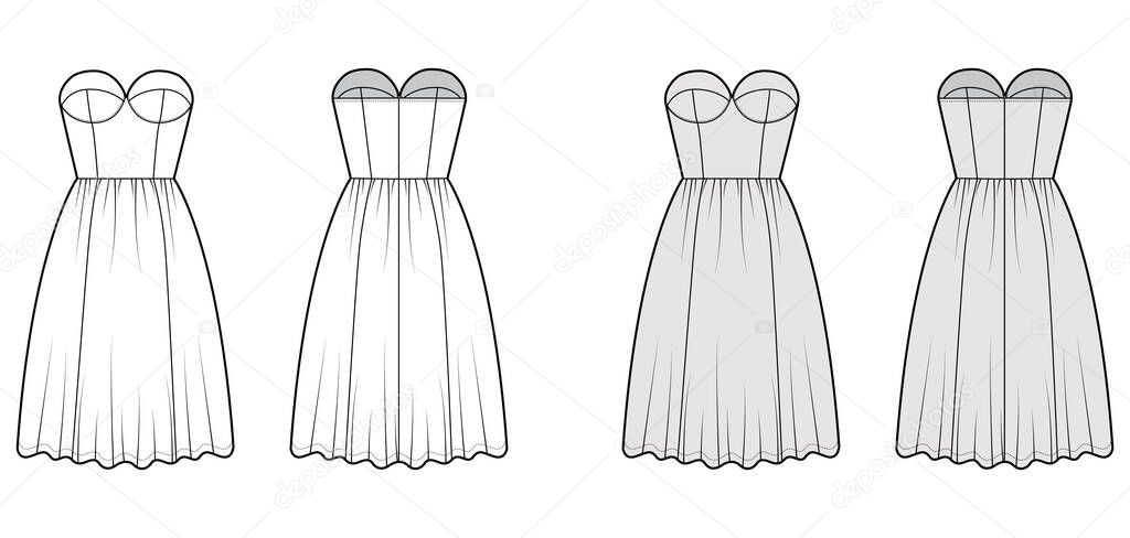 Flared dress technical fashion illustration with bustier, sleeveless, strapless, fitted body, knee length ruffle skirt.