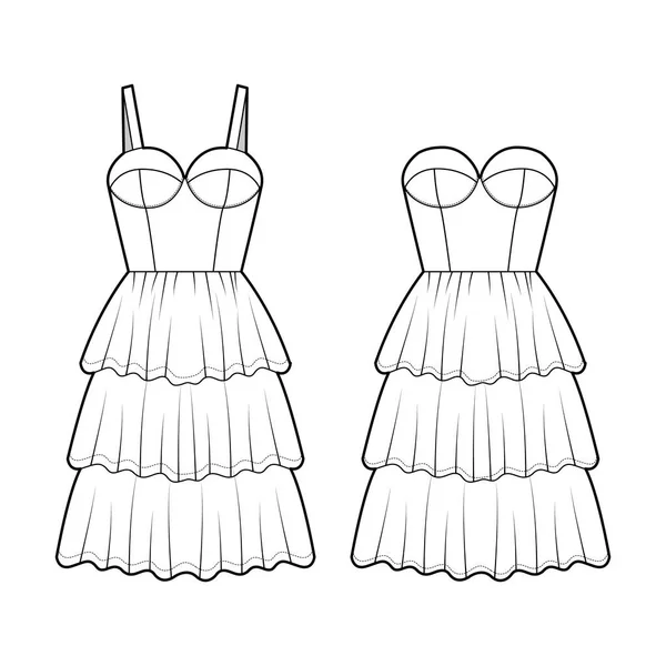 Conjunto de vestidos bustier ilustração de moda técnica com mangas, sem alças, corpo equipado, joelho comprimento ruffle camadas —  Vetores de Stock
