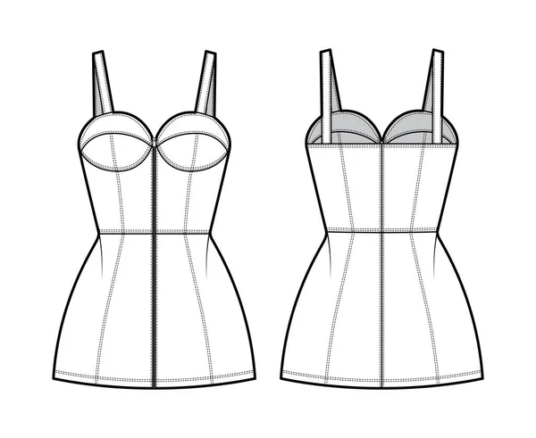 Zip-up tube φόρεμα τεχνική εικόνα μόδας με bustier, αμάνικο, ιμάντες ώμου, εξοπλισμένο σώμα, mini length — Διανυσματικό Αρχείο