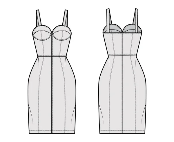 Zip-up vestido de tubo técnico de moda ilustração com bustier, sem mangas, corpo equipado, saia de comprimento do joelho. Vestuário plano — Vetor de Stock