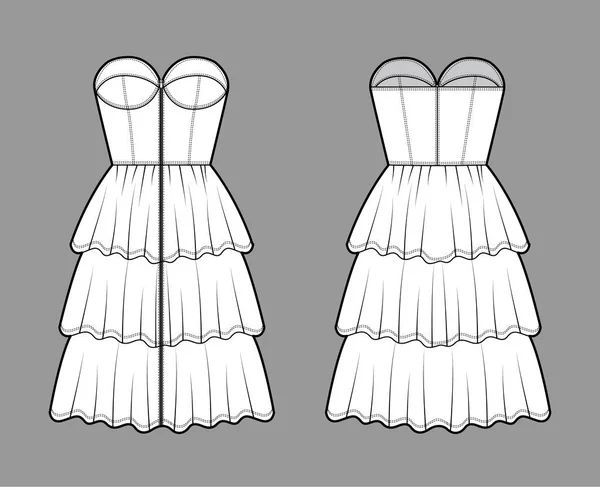 Zip-up bustier vestido técnico de moda ilustração com strapless, corpo equipado, 3 linha joelho comprimento ruffle camada saia. — Vetor de Stock