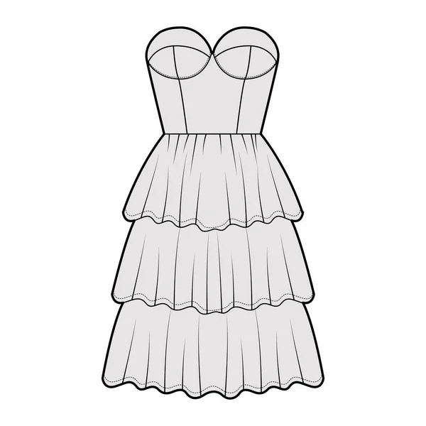 Trägerloses Kleid Bustier technische Mode Illustration mit tailliertem Körper, 3 Reihen knielangen Rüschen Stufenrock. Flach — Stockvektor