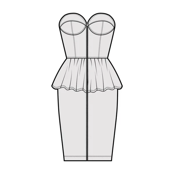 Zip-up peplum bustier vestido ilustración técnica de moda con tirantes, tazas, cuerpo ajustado, falda de longitud de rodilla. Plano — Vector de stock