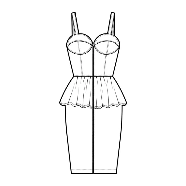 Zip-up peplum bustier vestido ilustración técnica de moda con sin mangas, tazas, cuerpo ajustado, falda de longitud de rodilla. Plano — Vector de stock