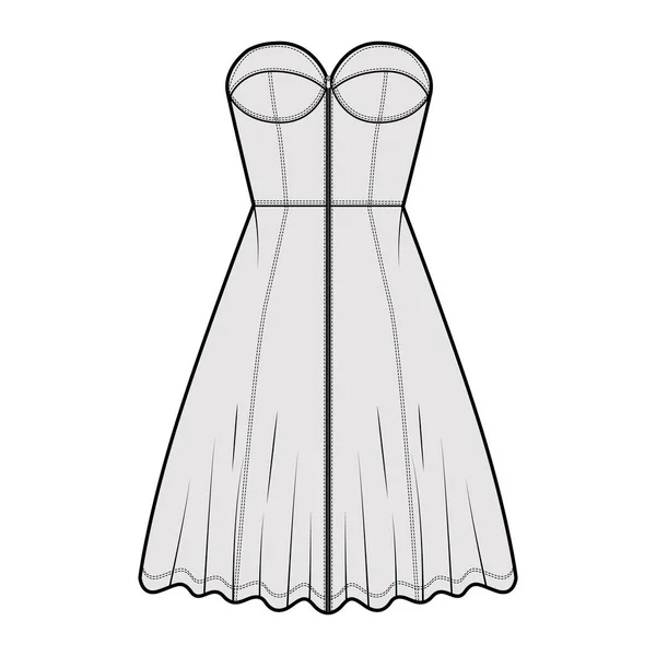 Застежка-молния платье бюстье джинса техническая мода иллюстрация с без рукавов, без бретелек, оснащенное тело, длина колена A-line — стоковый вектор
