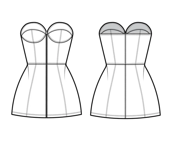 Zip-up vestido de tubo técnico de moda ilustração com bustier, strapless, corpo equipado, mini saia de comprimento. Vestuário plano —  Vetores de Stock