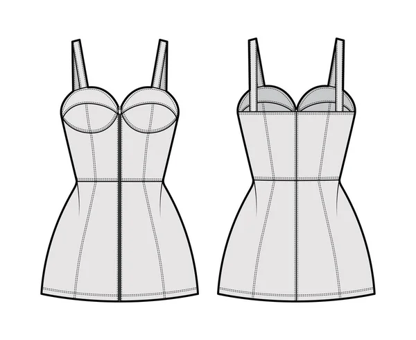 Rits-up buis jurk technische mode illustratie met bustier, mouwloos, schouderbanden, gemonteerd lichaam, mini-lengte — Stockvector