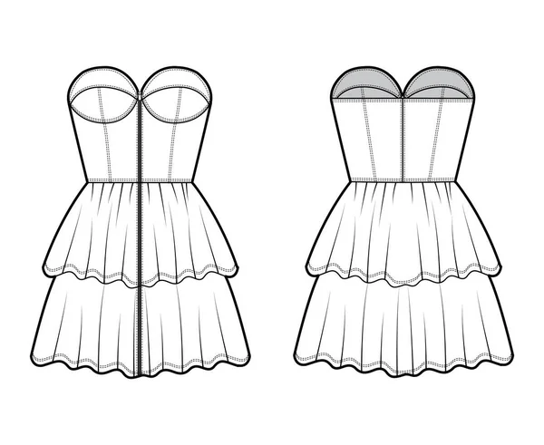 Vestido de bustier con cremallera ilustración técnica de moda con cuerpo sin tirantes, ajustado, falda de 2 hileras mini longitud volante estratificado. — Vector de stock