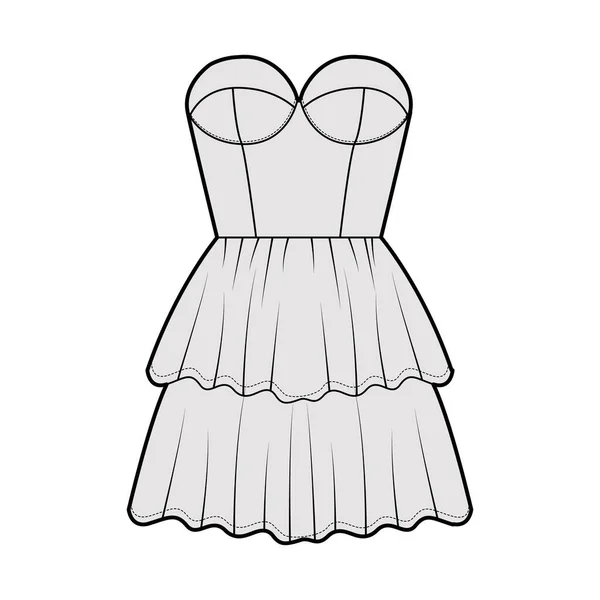 Vestido sin tirantes bustier ilustración técnica de moda con cuerpo sin mangas, ajustado, 2 hileras mini longitud falda estratificada — Vector de stock