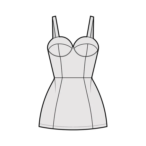 Röhrenkleid technische Modeillustration mit Bustier, ärmellosem, tailliertem Körper, Minirock. Flache Bekleidung — Stockvektor