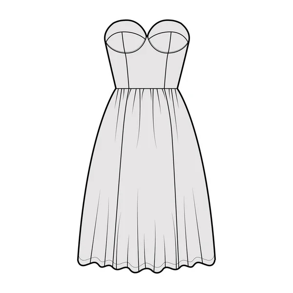 Illustration de mode technique robe évasée avec bustier, sans manches, sans bretelles, corps ajusté, jupe à volants longueur genou. — Image vectorielle