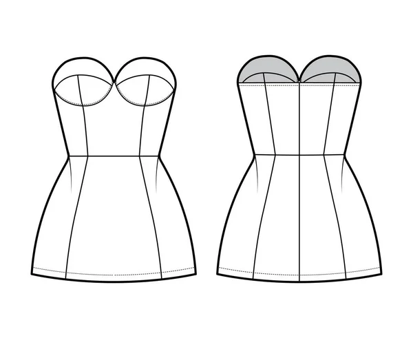 Tubo vestido técnica moda ilustración con bustier, sin mangas, sin tirantes, cuerpo ajustado, mini longitud falda prenda — Archivo Imágenes Vectoriales