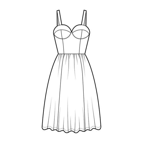 Vyhlášené šaty technické módní ilustrace s prsatější, bez rukávů, montované tělo, po kolena volací sukně. Flat — Stockový vektor