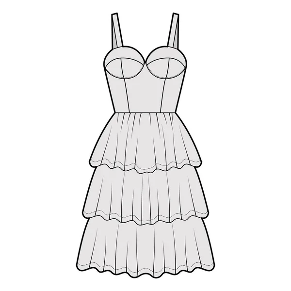 Bustier sukienka techniczna moda Ilustracja z bez rękawów, filiżanki, dopasowany korpus, 3 rząd długości kolana falbanka spódnica warstwowa. — Wektor stockowy