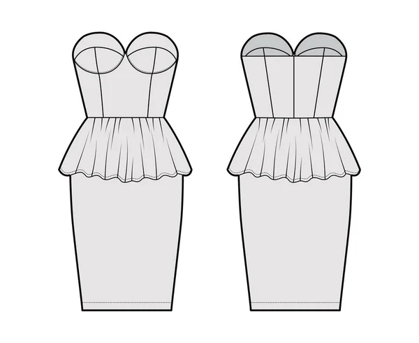 Peplum bustier dress technical fashion illustration with strapless, cups, fitted body, knee length skirt. Flat garment — Stock Vector