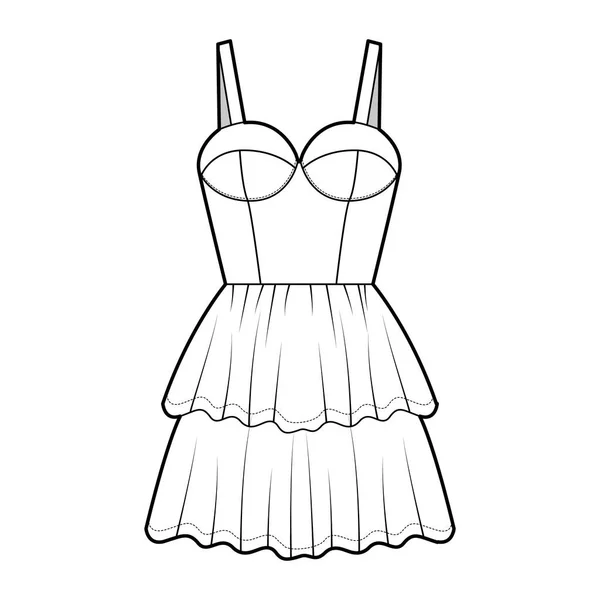 Bustier vestido técnico moda ilustração com alças de ombro, corpo equipado, 2 linha mini comprimento ruffle saia em camadas. — Vetor de Stock