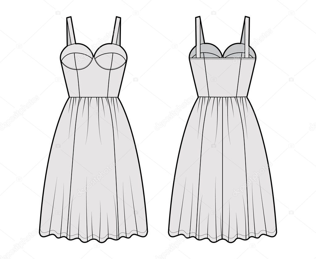 Flared dress technical fashion illustration with bustier, sleeveless, fitted body, knee length ruffle skirt. Flat