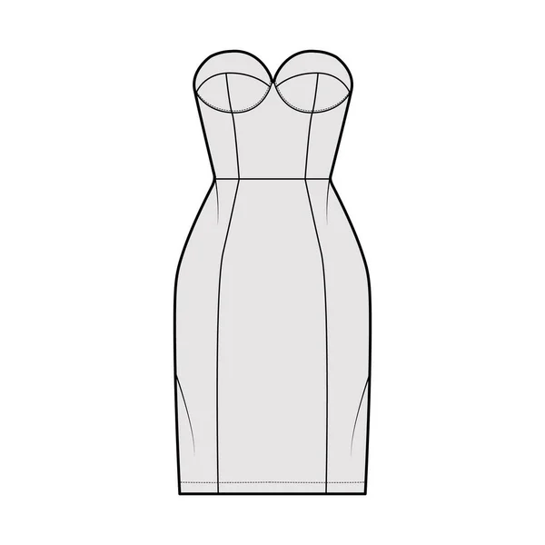 Rörklänning teknisk mode illustration med bustier, axelbandslös, monterad kropp, knälängd kjol. Platta plagg — Stock vektor